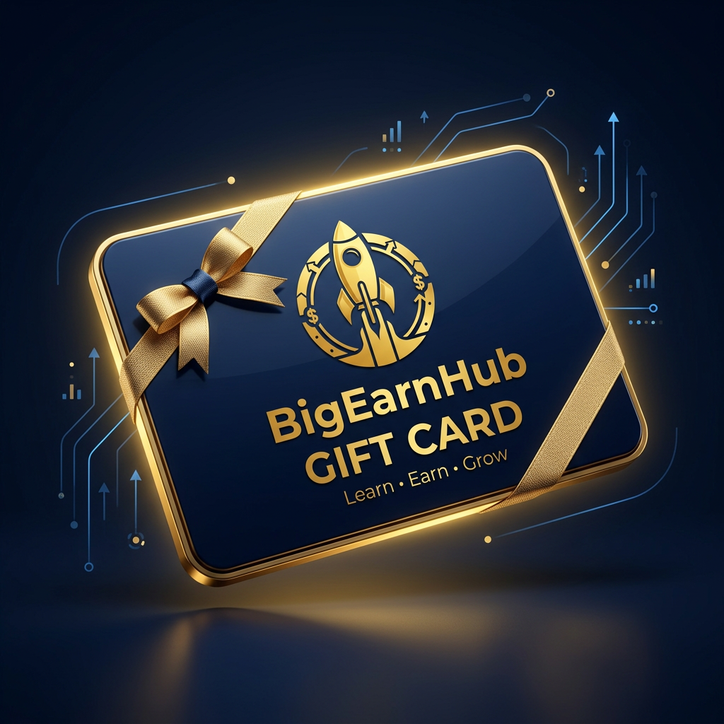 BigEarnHub gift card cover with gold rocket branding on a dark navy background