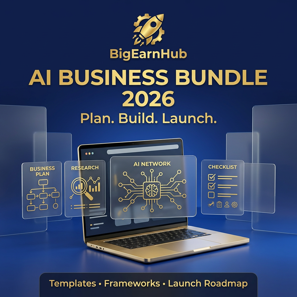 BigEarnHub AI Business Bundle 2026 cover with business planning templates, research frameworks and a launch roadmap