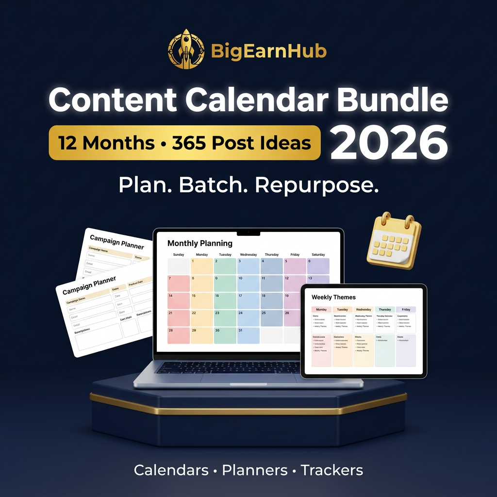 BigEarnHub Content Calendar Bundle 2026 featuring 12 months of planning and 365 post ideas