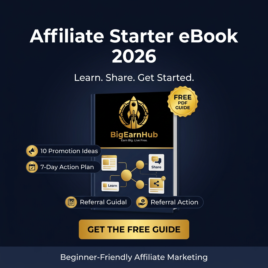 BigEarnHub free Affiliate Starter eBook 2026 with 10 promotion ideas, a 7-day action plan and Get the Free Guide call to action