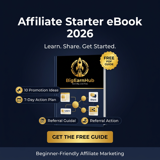 BigEarnHub free Affiliate Starter eBook 2026 with 10 promotion ideas, a 7-day action plan and Get the Free Guide call to action