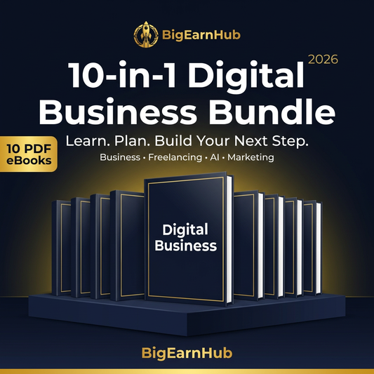 BigEarnHub 10-in-1 Digital Business Bundle 2026 featuring ten PDF ebooks about business, freelancing, AI and marketing