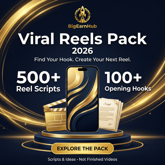 BigEarnHub Viral Reels Pack 2026 featuring 500 plus reel scripts, 100 plus opening hooks and Explore the Pack call to action