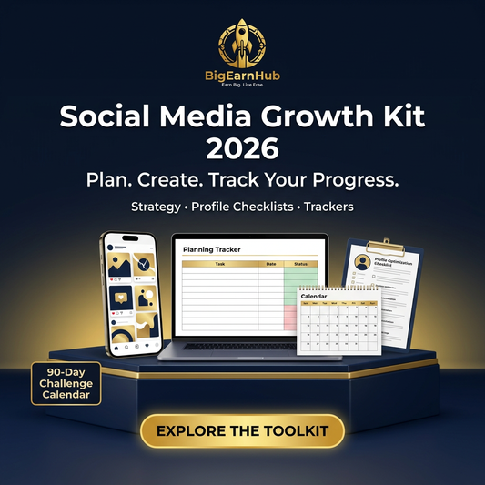 BigEarnHub Social Media Growth Kit 2026 with strategy resources, profile checklists, trackers and Explore the Toolkit call to action