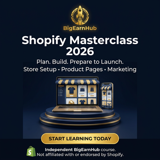 BigEarnHub Shopify Masterclass 2026 independent course cover with Shopify logo and Start Learning Today call to action