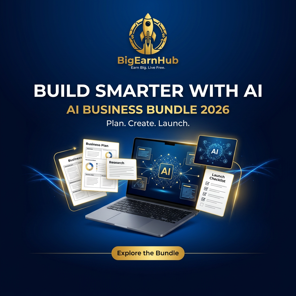BigEarnHub logo with Build Smarter with AI headline and AI Business Bundle 2026 digital resource graphics