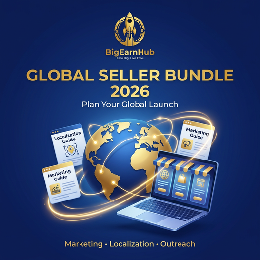 BigEarnHub Global Seller Bundle 2026 cover with a connected globe, laptop and digital marketing guide graphics