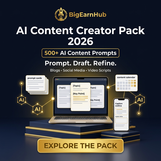 BigEarnHub AI Content Creator Pack 2026 featuring 500 plus AI content prompts for blogs, social media and video scripts