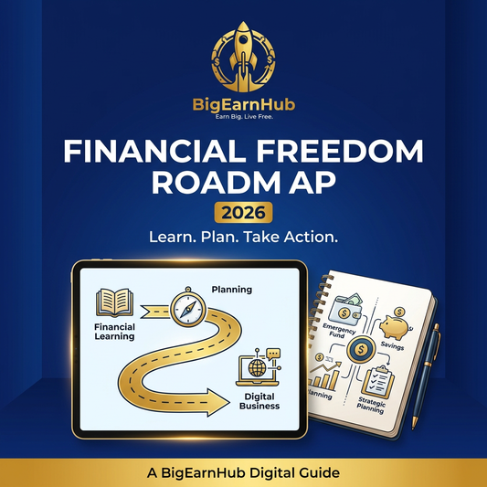 BigEarnHub Financial Freedom Roadmap 2026 digital guide cover with a gold roadmap and budgeting notebook graphics